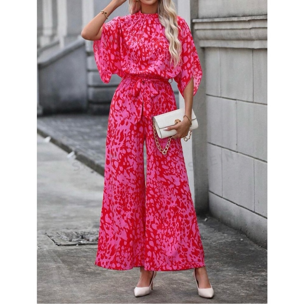 Hot Pink Batwing Sleeve Belted Wide Leg Jumpsuit - Picture 2 of 9